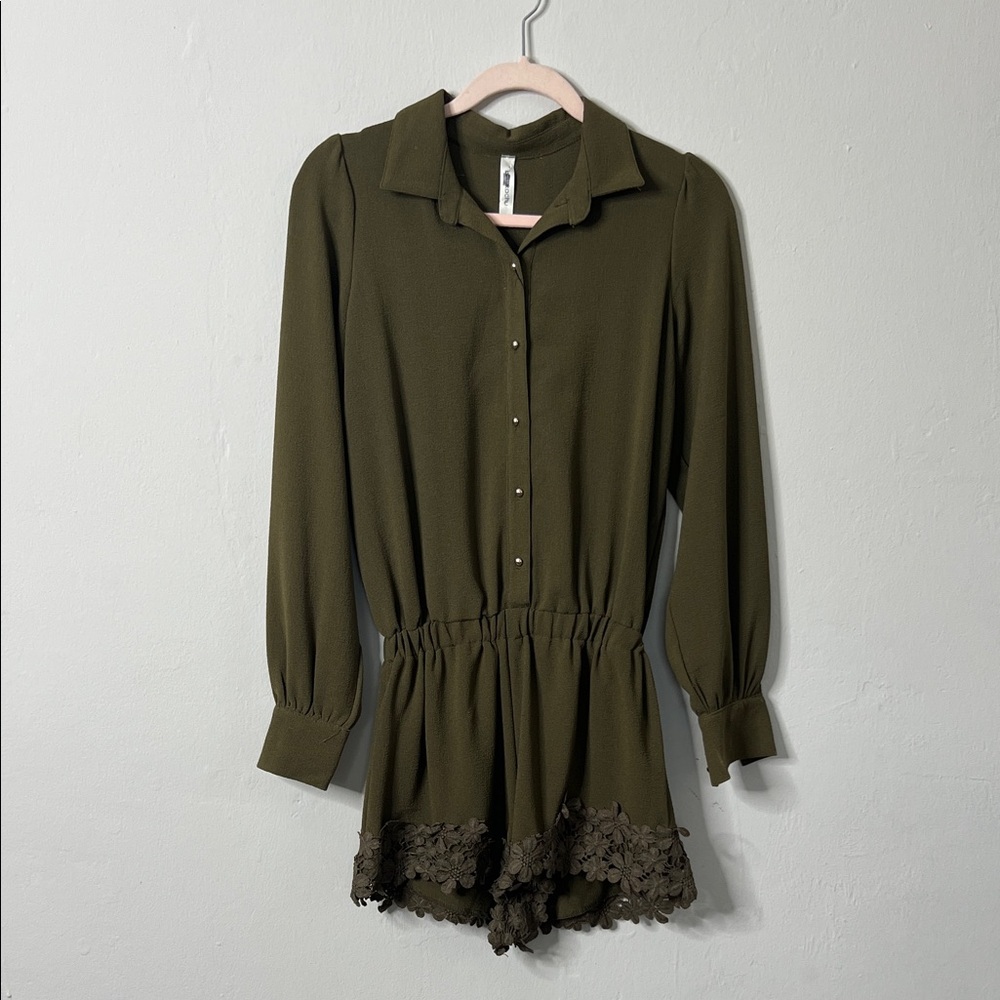 Kukukachu Olive Green Romper • Lace Trim • Long Sleeve Boho Chic